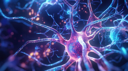 Neurons, purple glowing neuron network, generative ai
