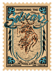 Obraz premium Vintage Stamp inspired Poster and T Shirt Design Colorful Tiger Illustration with Custom Typographic Slogan and Wordings