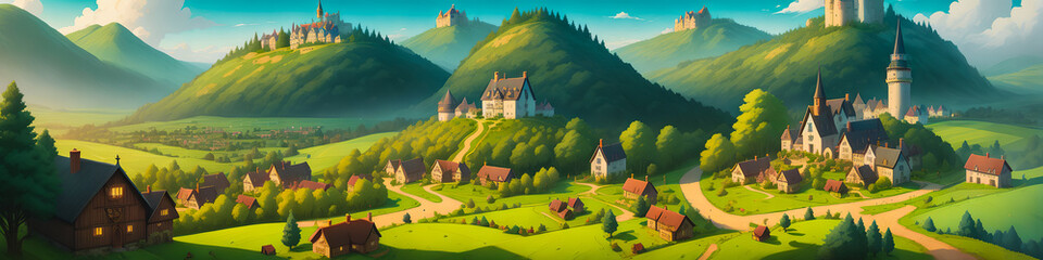A Beautiful Painting of a Medieval Village Surrounded by Forests, Valleys, and Highlands. Wooden Cottages. Silence and Tranquility. Spring or Summer. Fairy-tale Atmosphere. Cartoon. Generative AI - obrazy, fototapety, plakaty