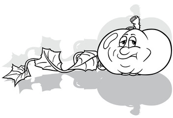 Drawing of a Grumpy Pumpkin with a Long Stem and Leaves