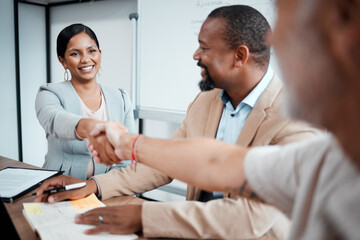 Happy, business people and handshake for meeting, agreement or b2b deal in partnership at the office. Woman employee shaking hands with businessman for teamwork, welcome or introduction at workplace - obrazy, fototapety, plakaty