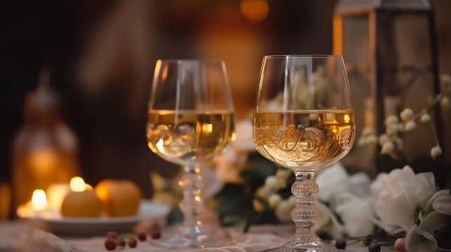 AI generative image of a wineglass of white wine in a wedding scene as background 