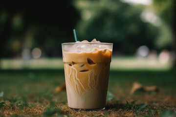 A cold coffee, a cold latte on a hot day in the park, Generative AI