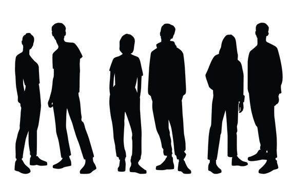 Vector silhouettes of  men and a women, a group of standing  business people, profile, couple, black color isolated on white background
