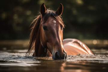 the horse is swimming in water