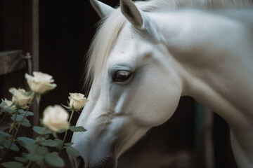 a white horse sniffing a flower in a field