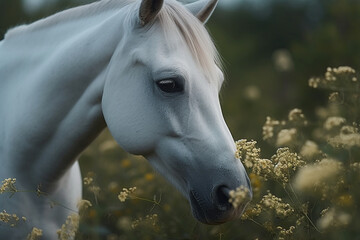 Obraz na płótnie Canvas a white horse sniffing a flower in a field