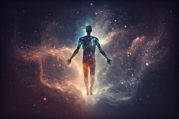 Fototapeta na wymiar Human soul levitating in abstract space background. Astral body