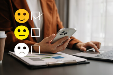 Customer service evaluation concept. woman Show face smile emoticon show on virtual screen from...