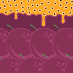 Vector Passion Fruit Pattern with Brown Seeds on Orange Textute. Tropical Food Background
