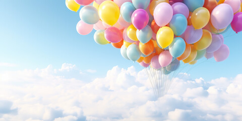 colorful balloons in the blue sky and clouds, birthday party celebration