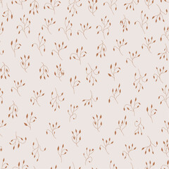 Abstract botanical print in boho style. Modern hand-drawn seamless pattern. Elegant branches and leaves arranged randomly. Trendy vector design for fabric, textiles, packaging.