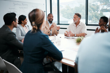 Business people, coaching and meeting for strategy, brainstorming or planning at office workshop....