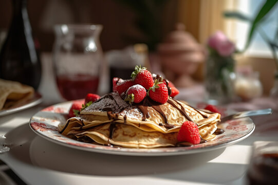 Image of crepes with Nutella, strawberries, and whipped cream on a plate at breakfast.