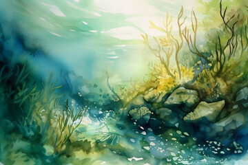 Obraz na płótnie Canvas Beautiful underwater watercolour scene with fishes