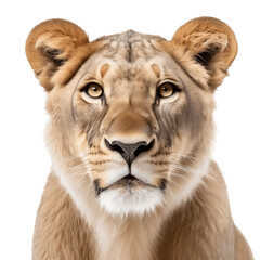 Fototapeta na wymiar Isolated Female Lion Face Shot, Transparent Background. Generative AI