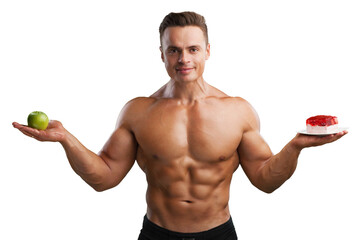 A young man muscular holds healthy and unhealthy food, diet healthy concept