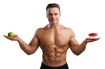 A young man muscular holds healthy and unhealthy food, diet healthy concept