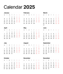 Annual calendar template for 2025 year. Week Starts on Monday. Business calendar in a minimalist style for 2025 year.