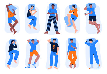 Set of multiracial sleeping men. Men lie in various poses during dream in bed. Nap or night sleeping positions. Top view. Vector illustrations in flat style.