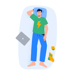 A man sleeps in a back pose with mess around. Top view of night sleeping position. Vector illustration in flat style isolated on white background.