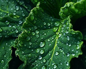 kale with water droplets on its leaves, showcasing its vibrant green color and intricate texture - obrazy, fototapety, plakaty