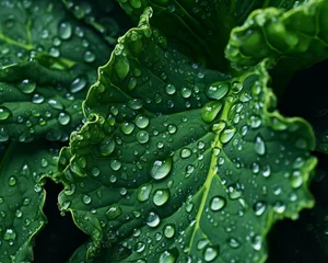 Poster kale with water droplets on its leaves, showcasing its vibrant green color and intricate texture © bartjan