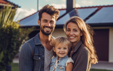 Smiling husband and wife holding their son in the driveway of their house, which is seen in the background with a photovoltaic system on the roof - ai generative