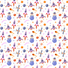 Obraz premium Astronaut and space seamless pattern with space elements. Seamless pattern for design, posters, backgrounds astronaut and space. Planet, comet, galaxy, alienships.