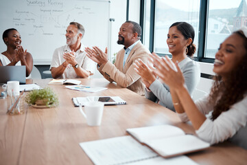 Business people, applause and meeting of audience in presentation or team seminar at the office....