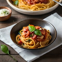 Spaghetti on black plate on wooden background. top view