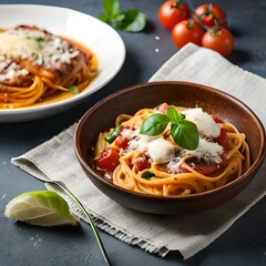 Spaghetti on black plate on wooden background. top view