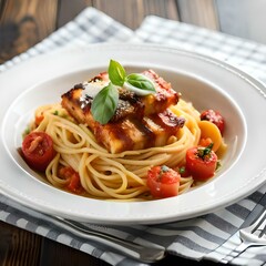Spaghetti on black plate on wooden background. top view