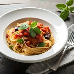 Spaghetti on black plate on wooden background. top view