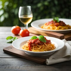 Spaghetti on black plate on wooden background. top view