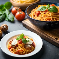 Spaghetti on black plate on wooden background. top view