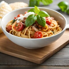 Spaghetti on black plate on wooden background. top view