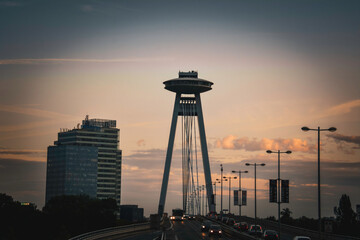 The UFO Bridge at Sunset - Bratislava, Slovakia