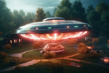 Futuristic UFO flying saucer.Generative Ai