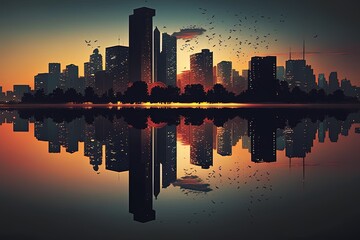 Fototapeta na wymiar Skyline at sunset night cityscape buildings reflection