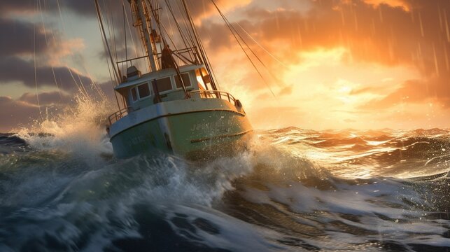 fishing boat in storm with big waves. generative ai