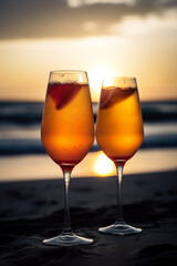 Coctel en la orilla de la playa en vacaciones en verano. Bebida coctel con alcohol, sin alcohol, en chiringuito de playa sobre la arena. Atardecer en el mar. Generative ai.