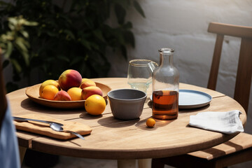 Desayuno saludable con fruta, zumo y té. Melocotones, jarra con agua y zumo y té. Desayuno al sol en mesa de madera en vacaciones. Generative ai.