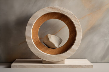 Oval wooden ring hanging on a wall, minimalist composition. Generative AI