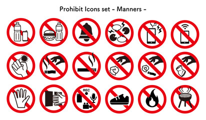 マナーに関連する「禁止」「注意」「警告」のアイコンセット