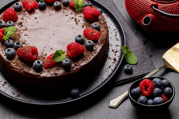 Chocolate cake dessert with berries