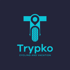 Logo combination of T, pin and bicycle. It is suitable for use as a travel logo.