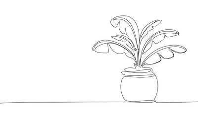 House plant in pot isolated on white background. One line continuous home plant. Line art outline vector illustration.