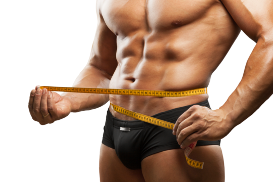 Man measuring perfect shape of waist, healthy lifestyles concept.