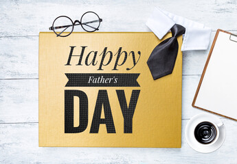 Happy Father's day banner on gold folder cover with black necktie and white shirt collar decorate with eyeglasses and hot coffee, father's day greeting card background idea